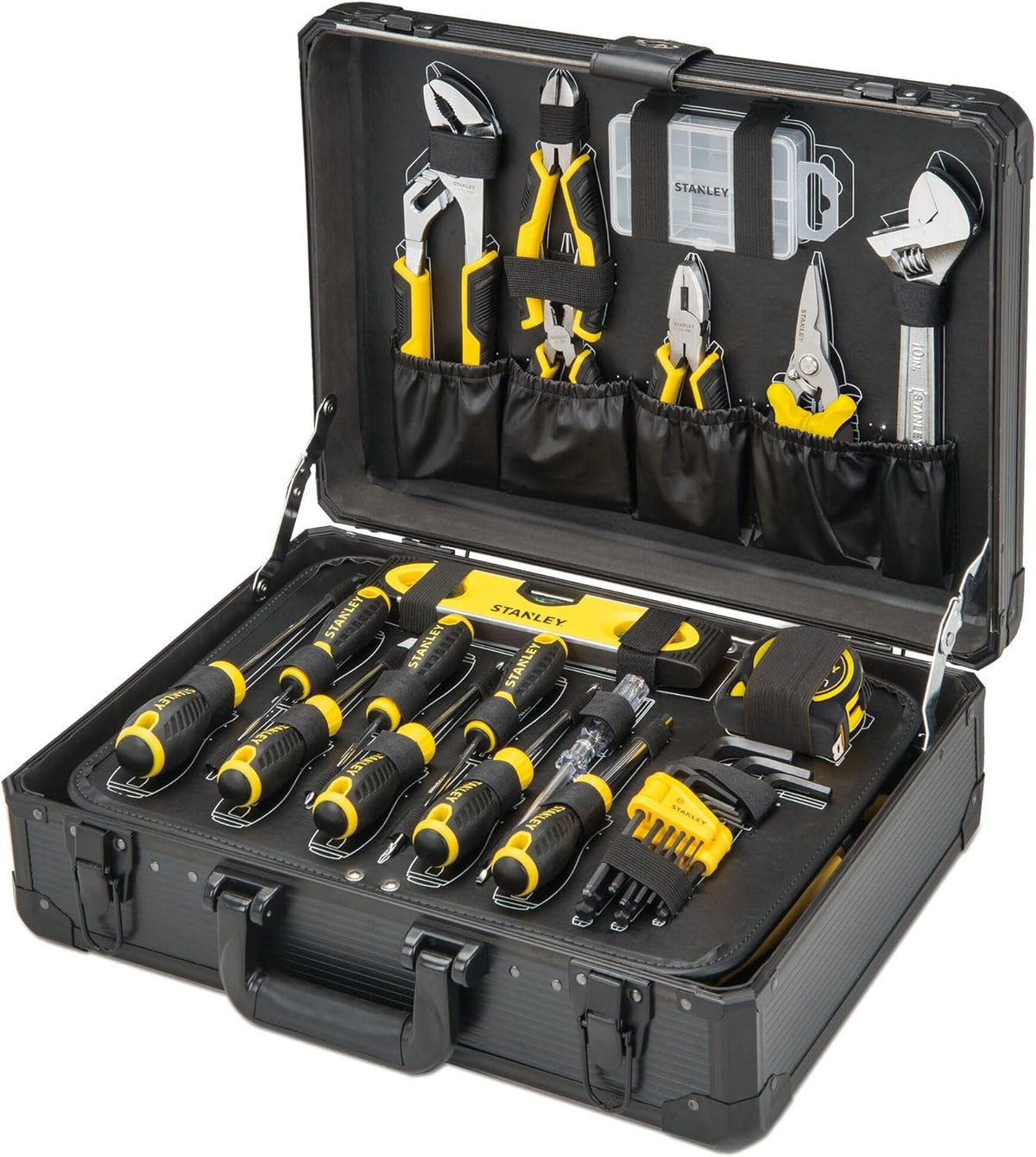 STANLEY STMT98109 1 valise de maintenance 142 pièces - Pinces tournevis marteau scie cutter et clés - 6 compartiments - Mallette aluminium 47,5 x 37,5 x 17,5 cm