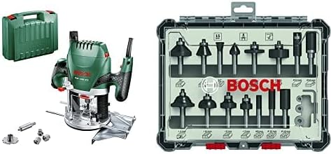 Bosch POF 1400 ACE Défonceuse filaire avec accessoires - Réglage précis de profondeur et éclairage intégré - Base fixe pour fraisage - Coffret de fraises Bosch 8 mm inclus
