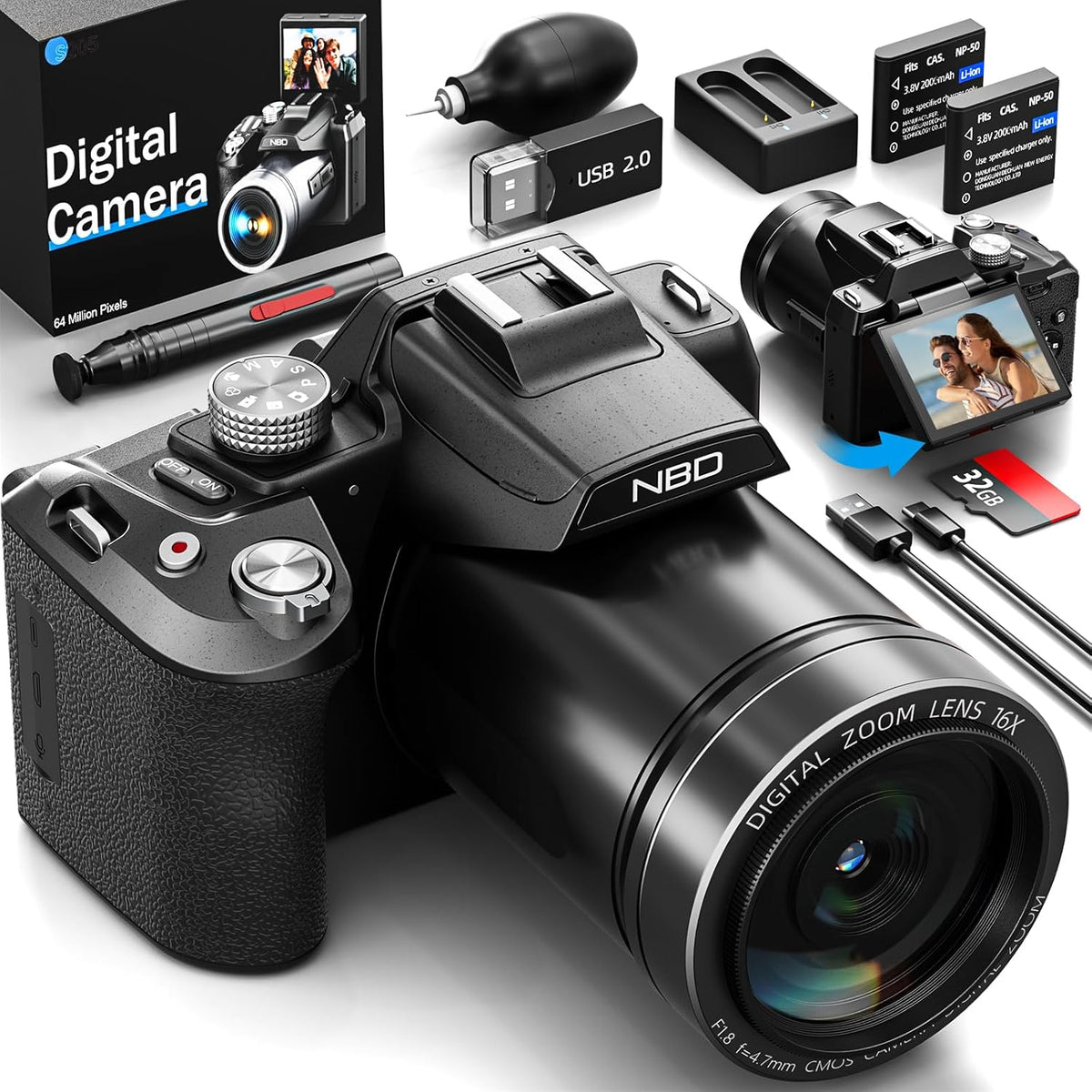 NBD S205D appareil photo numérique 5K - photo 64 MP noir capteur CMOS f 1,8 - autofocus zoom 16x écran IPS 3 pouces rotatif - kit YouTube carte 32 Go 2 batteries