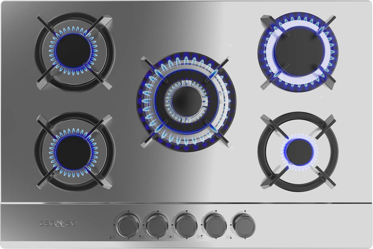 Cecotec Bolero Squad G 5200S plaque gaz - 5 feux puissance 11000 W - inox avec grilles fonte et wok triple couronne - allumage électrique système sécurité soupapes