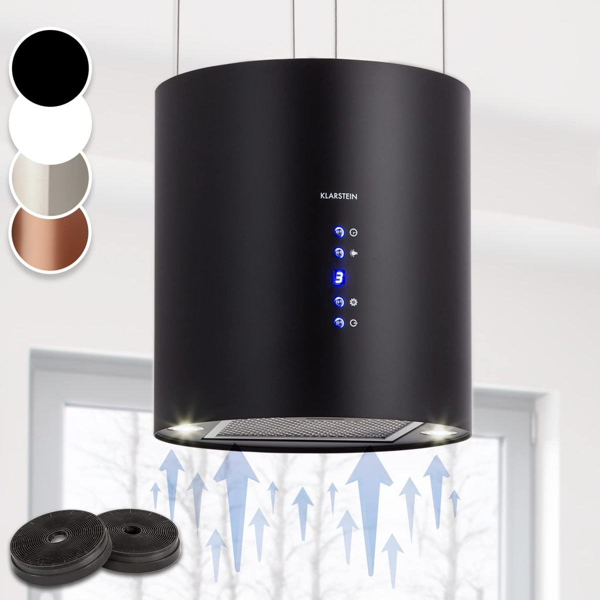 Klarstein Barett - Hotte aspirante îlot noire débit jusqu'à 558 m3 h - Niveau sonore 72 dB finition acier inoxydable - Filtres aluminium charbon pour cuisine