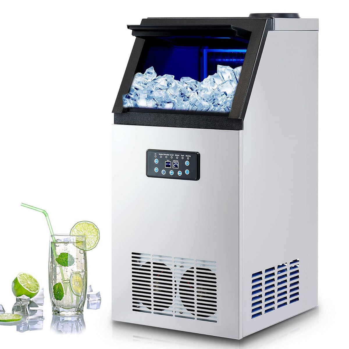 CREWORKS - Machine à glaçons commerciale 58 kg par 24 h - 36 glaçons stockage 10 kg écran LCD - Acier inoxydable 480 W pour restaurant bar café bureau