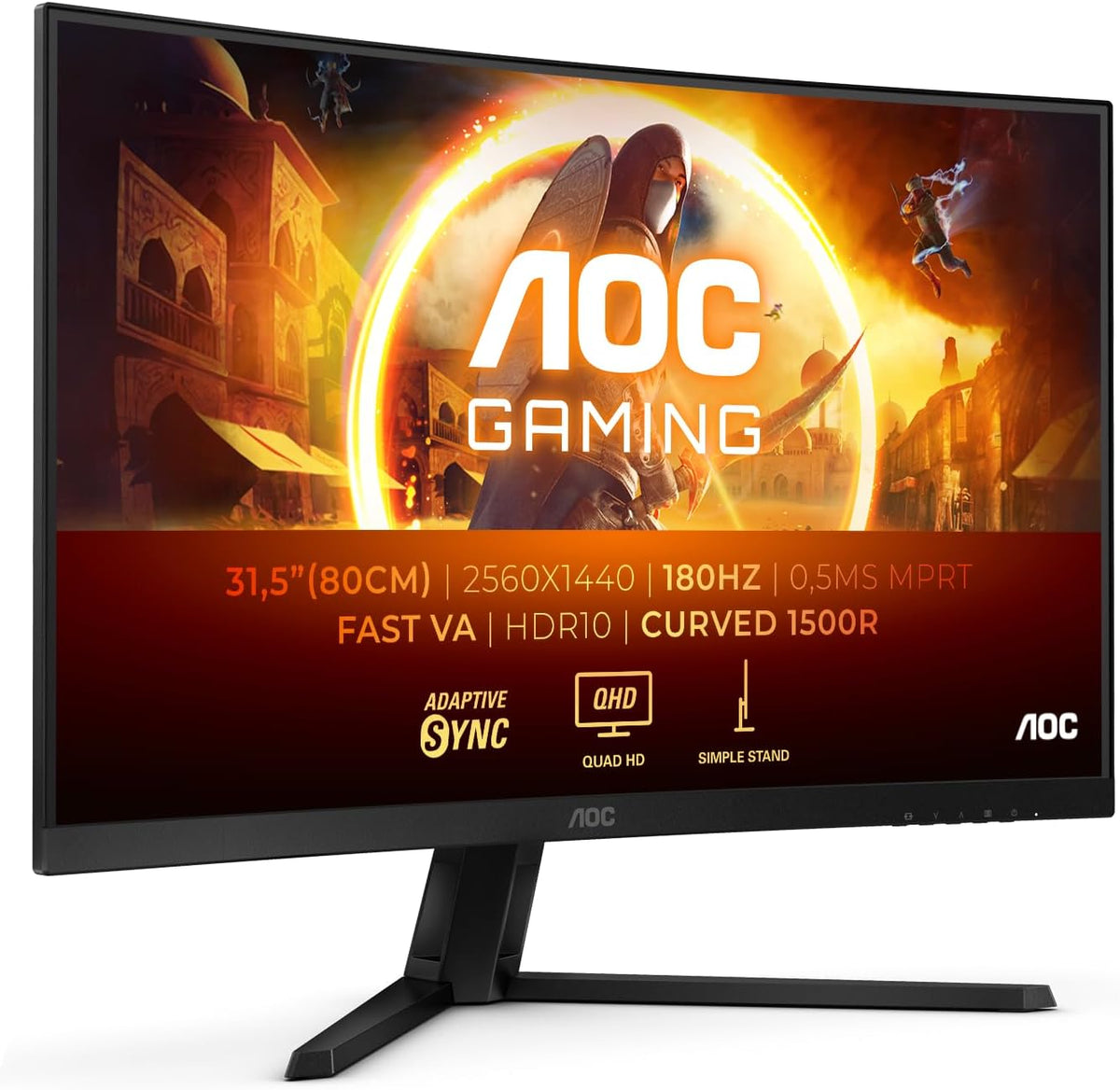 AOC CQ32G4VE écran gaming incurvé 31,5 pouces - QHD 2560 x 1440 surface mate - 180 Hz réponse 1 ms - synchronisation adaptative filtre lumière bleue