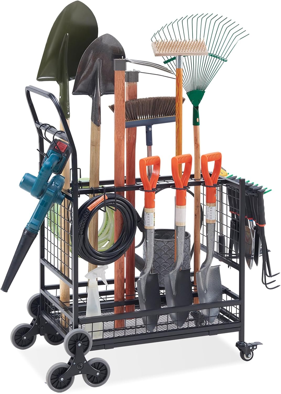 LaurenetHarold Organiseur outils de jardin roulant noir - Structure métal avec 2 niveaux de rangement - Deux roues pour déplacement - 52,3 x 86,9 x 102,1 cm pour garage cour pelouse