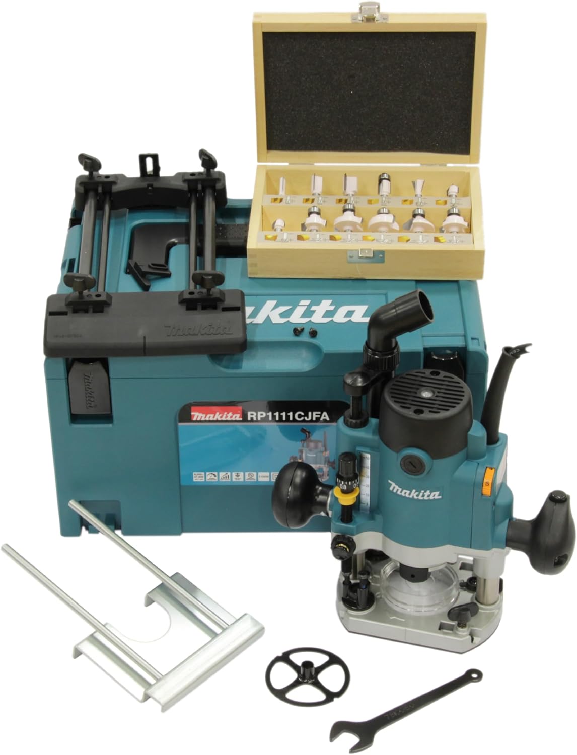Makita RP1111CJFA défonceuse 1100 W - kit de 12 fraises D 53556 inclus - alimentation filaire 230 V - coffret Makpac bleu pour fraisage et menuiserie