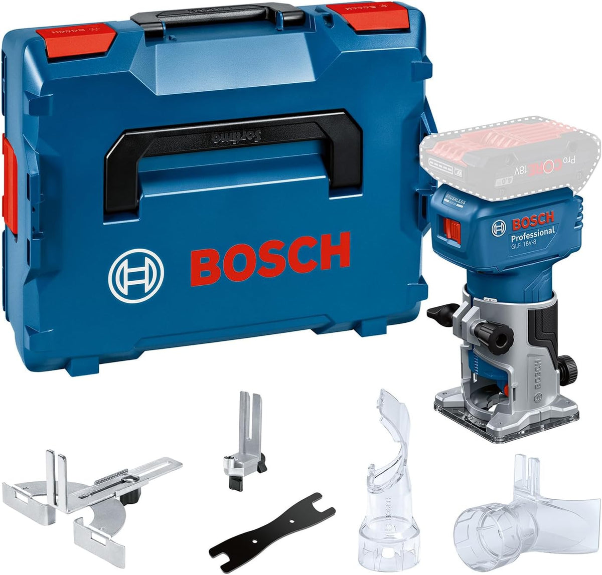 Bosch Professional GLF 18V 8 défonceuse portative - système 18 V pince 8 mm poids 1,1 kg - base plongeante compacte - accessoires aspiration guidage et L BOXX sans batterie