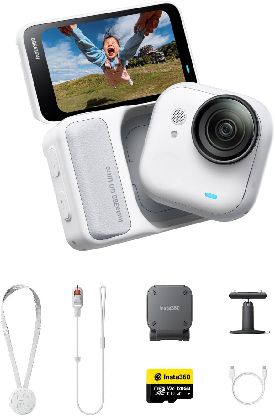 Insta360 GO Ultra Pack Essentiels Blanc Arctique Caméra 4K - Format mains libres ultra léger - Stabilisation FlowState et basse lumière - Étanche à 10 m avec USB