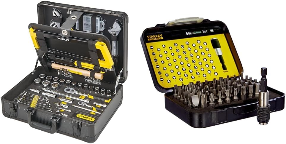 STANLEY valise de maintenance 142 pièces - Pinces clé à molette niveau et outils de serrage - Coffret 61 embouts 25 mm - Adaptateur 50 mm et porte embout magnétique 60 mm