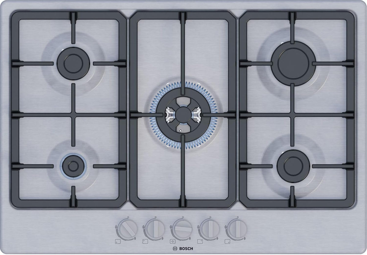 Bosch PGQ7B5K90 Série 4 plaque gaz - 5 feux 75 cm - Table de cuisson inox avec brûleur WOK 3,3 kW
