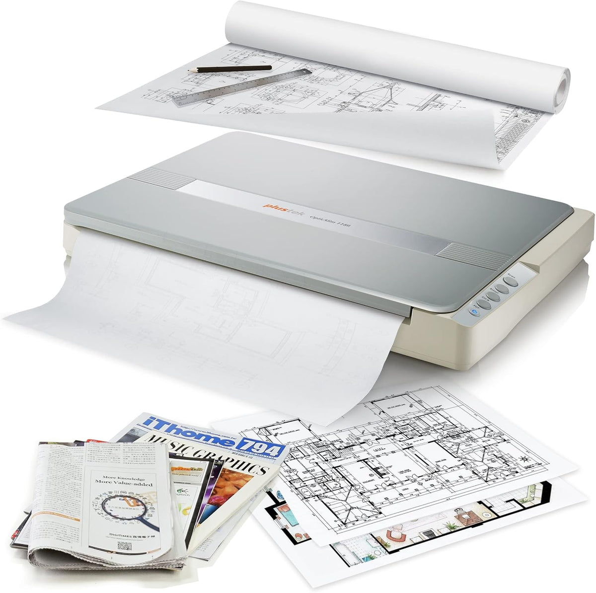 Plustek OpticSlim OS1180 - Scanner à plat A3 pour documents et graphiques - Numérisation A3 en environ 9 secondes - USB format bureau pour écoles bibliothèques petits bureaux