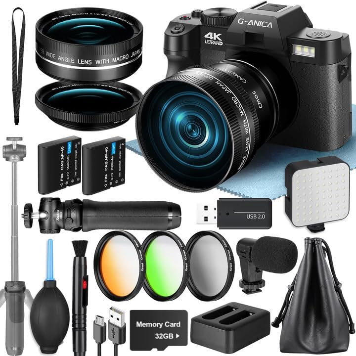 Appareil photo numérique 4K - photo 48 MP compact pour YouTube - WiFi microphone et poignée trépied - objectif grand angle macro kit créateur contenu