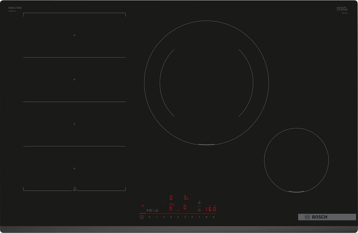 Bosch PXE831HC1E Série 6 plaque induction - 4 feux avec zone Flex - largeur 80,2 cm surface verre noir - commandes induction pour cuisine encastrée spacieuse