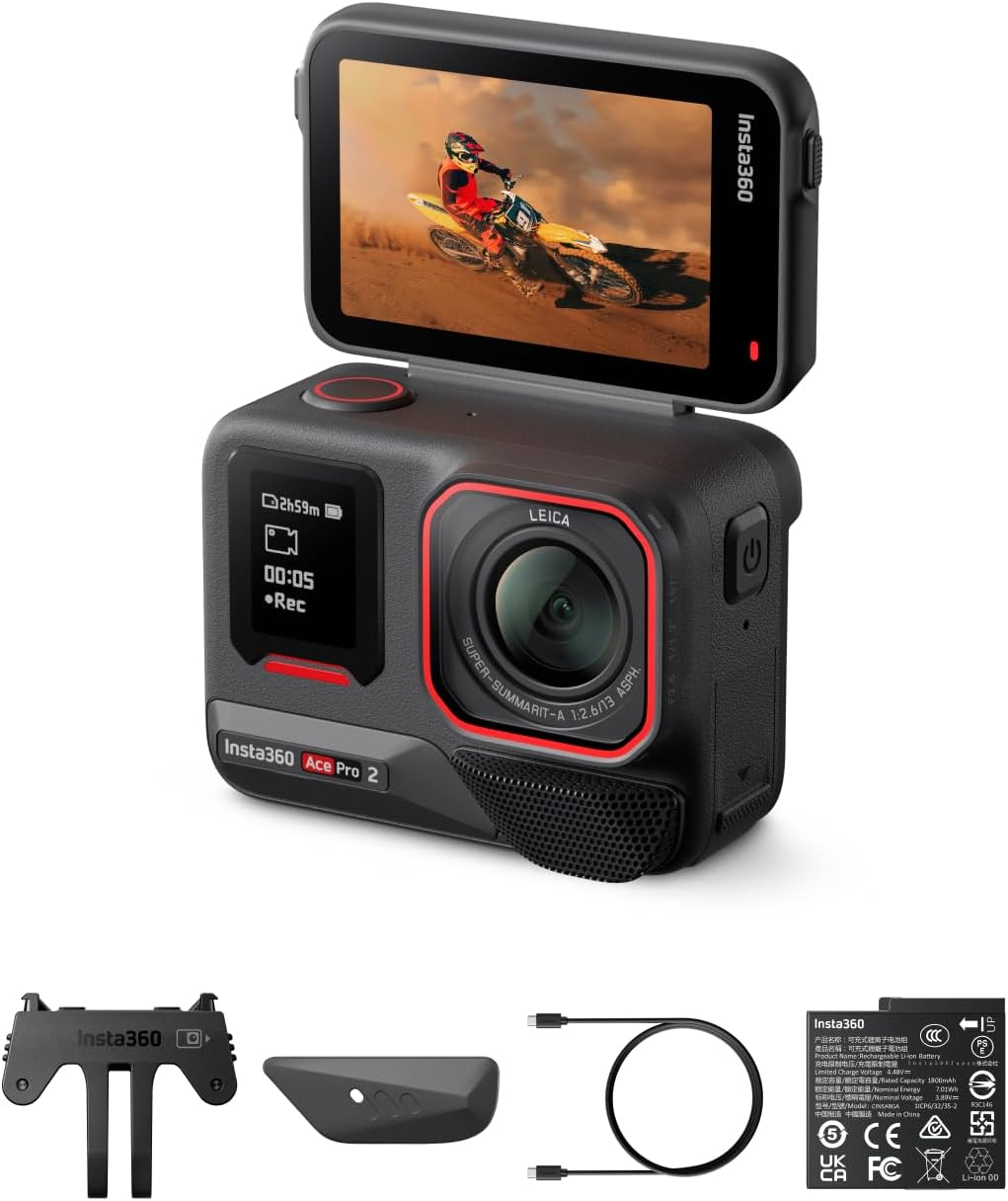Insta360 Ace Pro 2 Pack Standard Caméra action 8K - Co conçue avec Leica et double puce IA - Écran rabattable 2,5 pouces audio avancé - Basse lumière édition IA pour moto