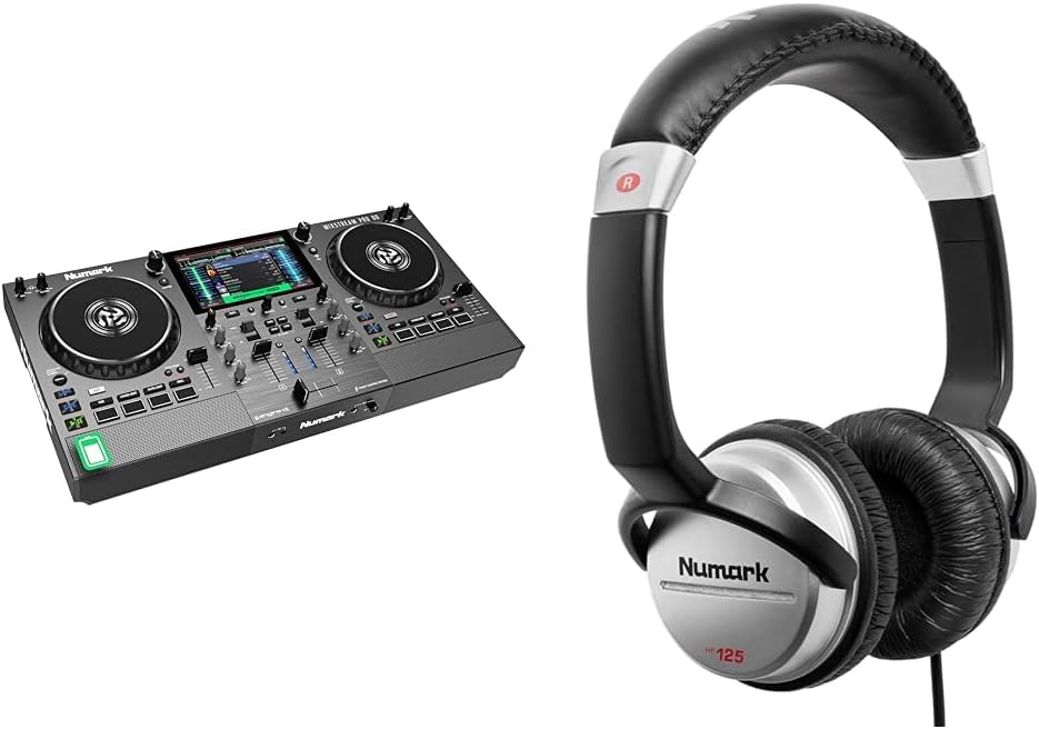 Numark Mixstream Pro Go contrôleur DJ autonome - batterie mixeur 3 canaux Bluetooth USB SD - enceintes intégrées - casque HF125 câble 1,8 m haut parleurs 40 mm