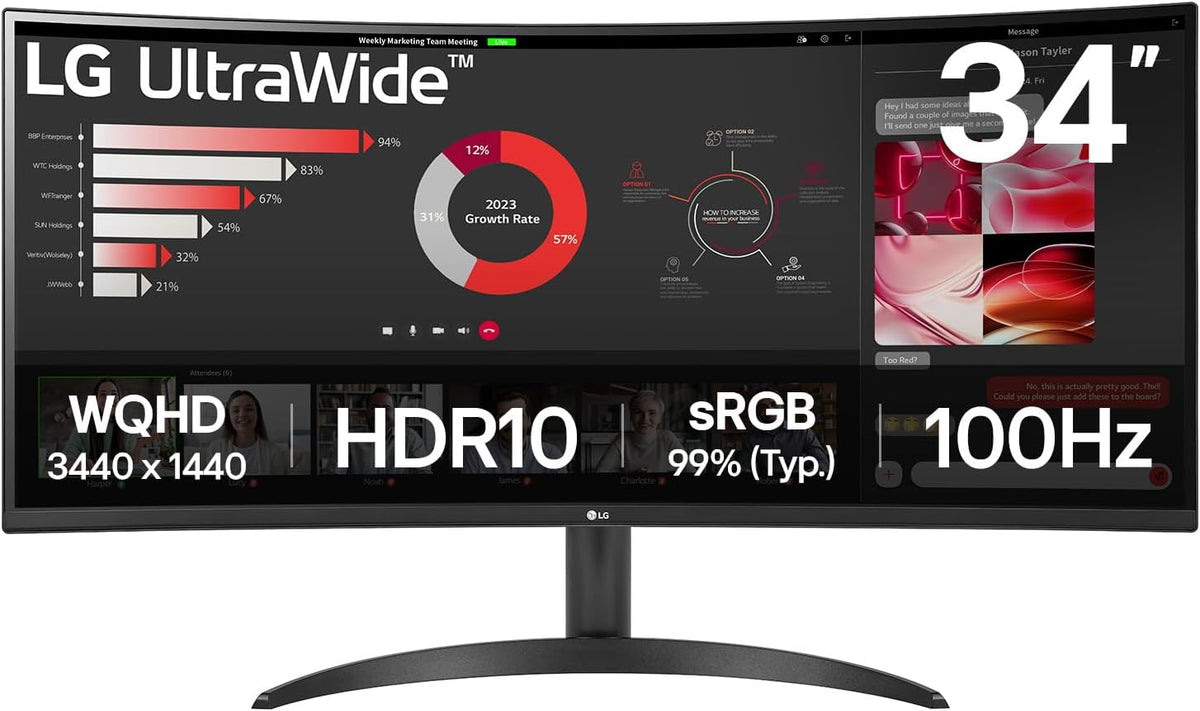 LG UltraWide 34WR50QK B écran PC incurvé 34 pouces - Dalle VA QHD 3440 x 1440 format 21 sur 9 - 100 Hz HDR10 temps de réponse 5 ms - Écran mat inclinable ultra large