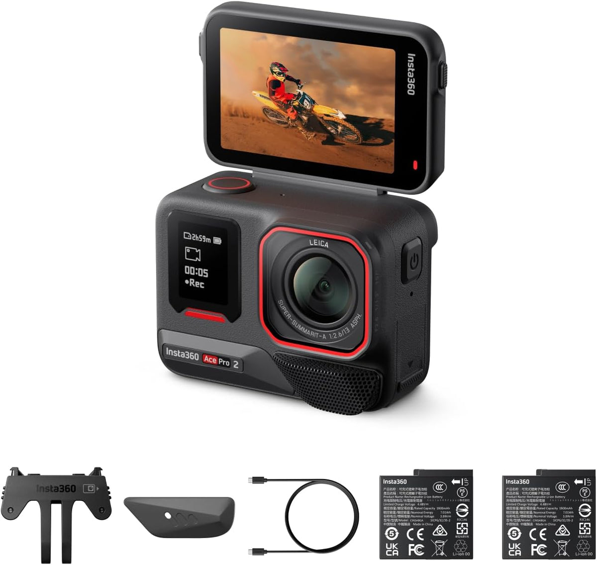 Insta360 Ace Pro 2 Pack Double Batterie Caméra action 8K - Co conçue avec Leica et double puce IA - Écran rabattable 2,4 pouces audio avancé - Basse lumière édition IA pour moto
