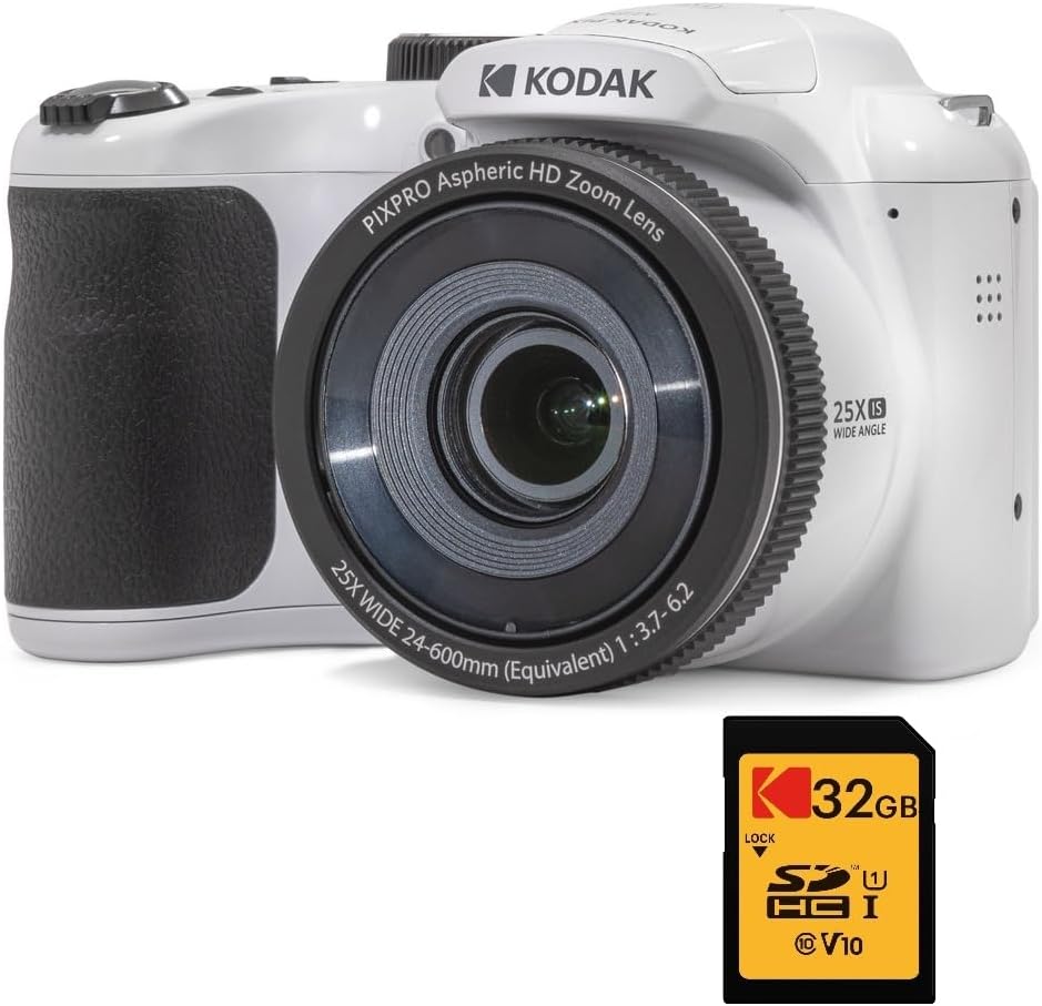 KODAK PIXPRO AZ255 Appareil photo bridge blanc 16 MP - Zoom optique 25x grand angle 24 mm - Carte SD 32 Go - Vidéo Full HD 1080p écran LCD 3 pouces piles AA