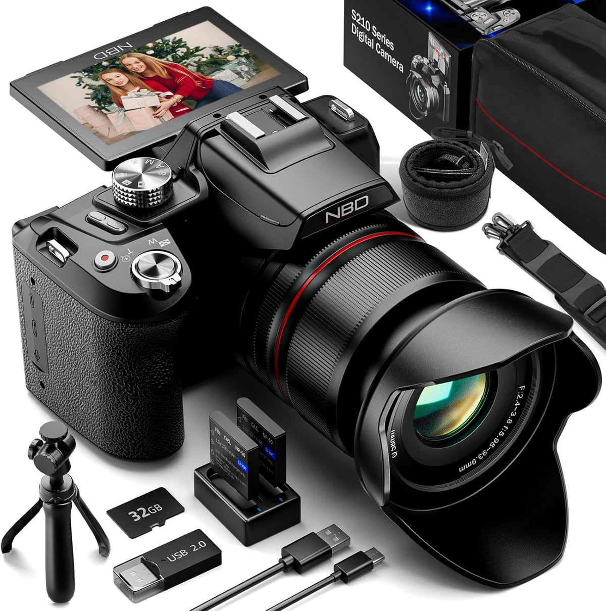 NBD S210 appareil photo numérique 8K - photo 64 MP noir autofocus zoom optique 16x - écran IPS 3 pouces rotatif 180 degrés - WiFi carte 64 Go et kit nettoyage