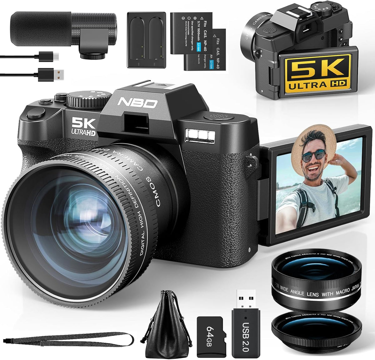 NBD appareil photo numérique 5K - photo 64 MP noir autofocus zoom numérique 16x - écran IPS 3 pouces rotatif 180 degrés - WiFi grand angle macro micro carte 64 Go