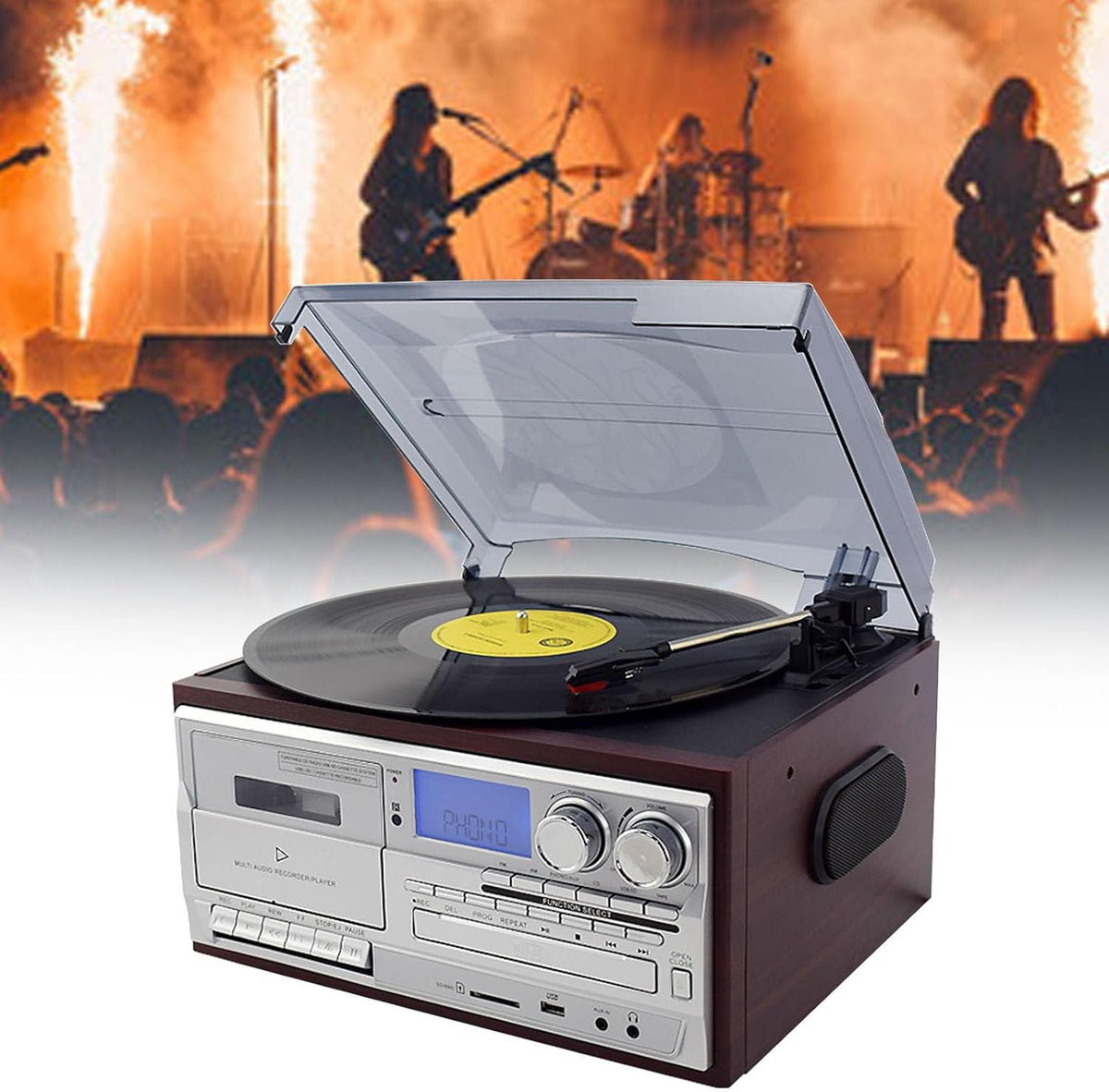 QFGain platine vinyle vintage 3 vitesses - Tourne disque avec lecteur CD cassette radio AM FM - Lecture USB et SD - Phonographe portable avec haut parleurs stéréo intégrés argent