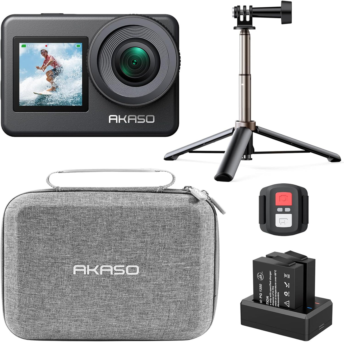 AKASO Brave 7 - Caméra sport 4K 30 fps 20 MP avec perche selfie - Étanche IPX8 double écran tactile stabilisation EIS 2.0 - Télécommande 2 batteries 1350 mAh