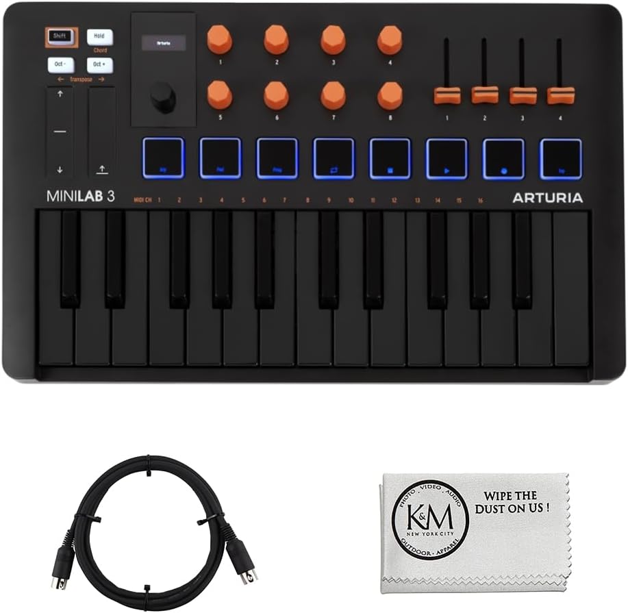 Arturia MiniLab 3 Special Edition clavier maître MIDI - 25 touches USB noir et orange pour Ableton Live - Câble MIDI 1,8 m inclus - Chiffon microfibre ensemble 3 pièces