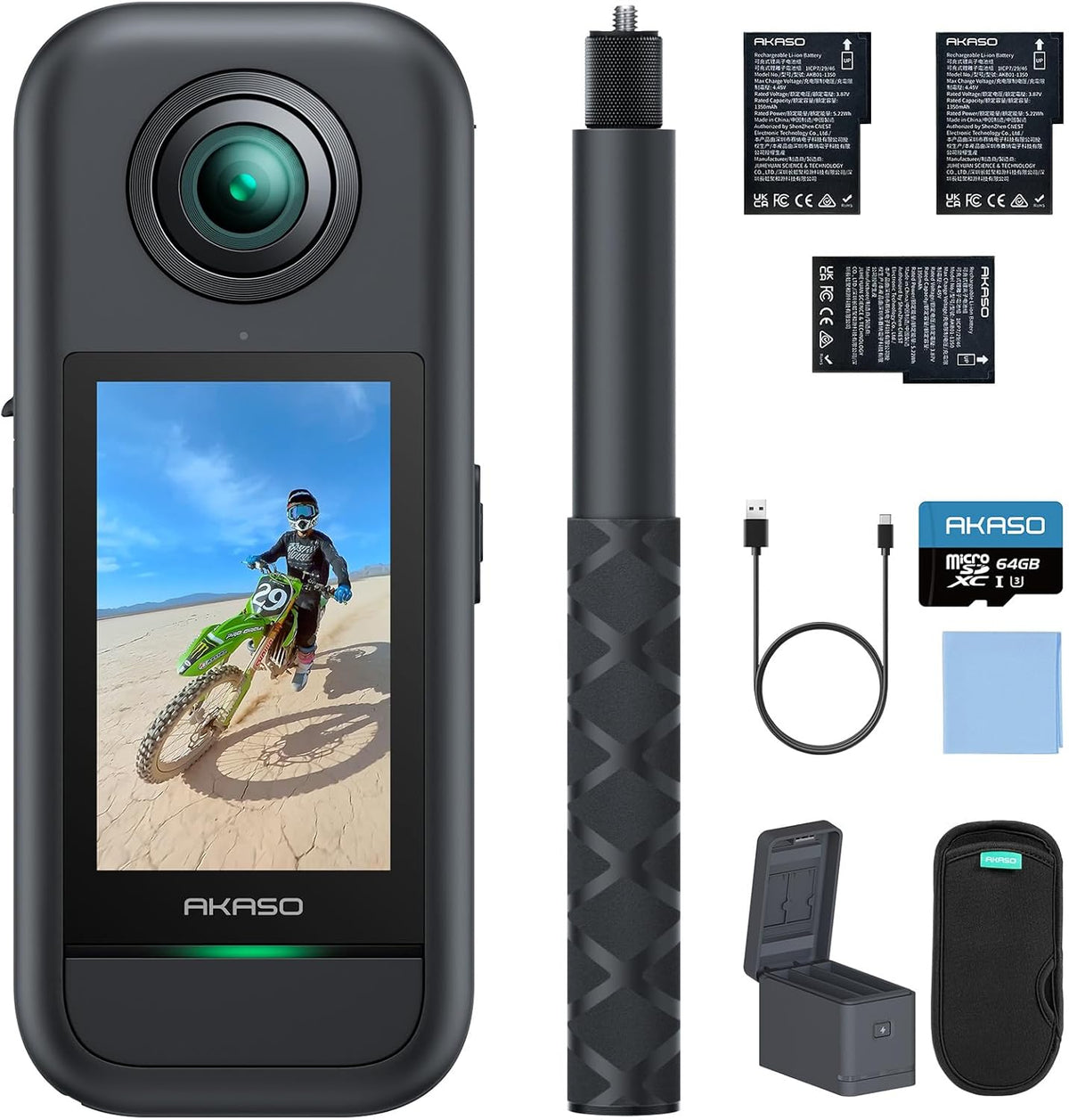 AKASO 360 Creator Combo - Caméra action 360 5,7K avec photo 72 MP - Stabilisation SuperSmooth et Horizon Lock - Suivi IA selfie stick invisible écran tactile gris