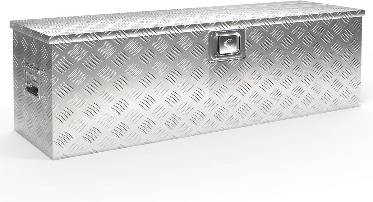 Wiltec caisse à outils aluminium - capacité 170 L dimensions 124 x 37 x 38 cm - finition argentée étanche - couvercle avec vérins gaz et poignées pour transport