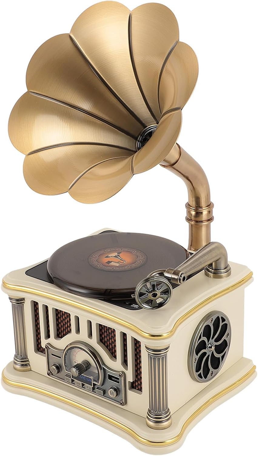 Luocute - Haut-parleur gramophone vintage avec cor cuivre - Radio FM entrée AUX 3,5 mm et USB intégrées - Modèle blanc décoratif pour intérieur et écoute audio
