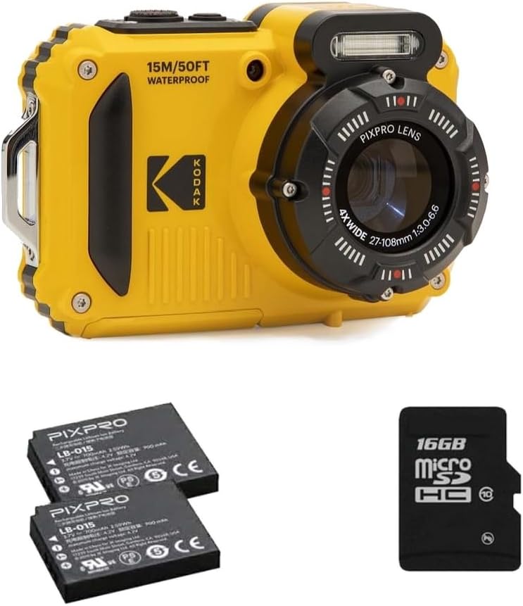 KODAK Pixpro WPZ2 - Appareil photo compact étanche 16 MP zoom optique 4x - Vidéo 720p écran LCD 2,7 pouces stabilisation numérique - Jaune avec 2 batteries et carte SD