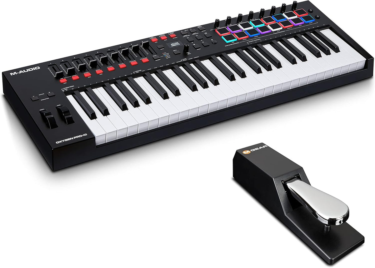 M Audio Oxygen Pro 49 avec pédale SP 2 - Clavier maître MIDI USB 49 touches semi lestées aftertouch - Pads potentiomètres et contrôles - Suite logicielle et sustain inclus
