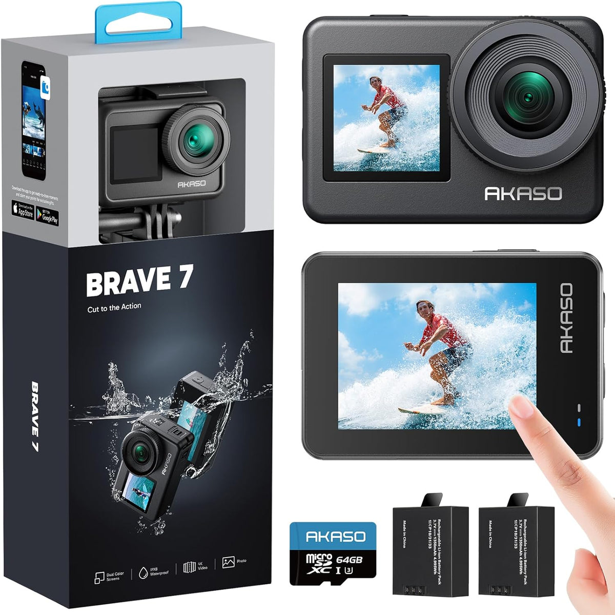 AKASO Brave 7 Caméra sport 4K 20 MP - Carte mémoire 64 Go et double écran tactile - Étanche IPX8 avec stabilisation EIS 2.0 - Télécommande 2 batteries 1350 mAh WiFi