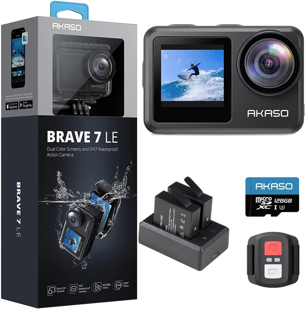 AKASO Brave 7 LE - Caméra sport 4K 30 fps 20 MP avec carte 128 Go - Étanche 40 m double écran tactile stabilisation EIS 2.0 - Wi-Fi Micro SD pour plongée