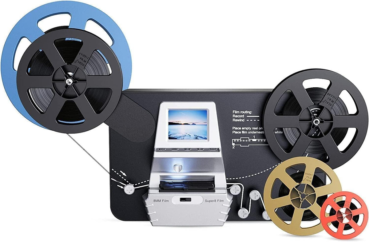Scanner film Super 8 - conversion vidéo numérique pour films 3 5 7 et 9 pouces - résolution 1600 dpi écran LCD 2,4 pouces - HDMI carte mémoire 32 Go incluse