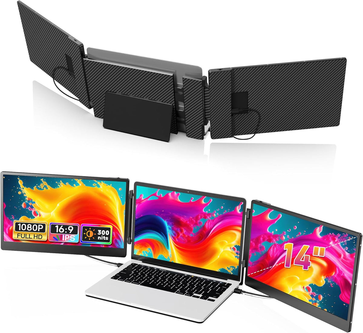 PIPOPAD Écran portable 14 pouces Full HD - Extension triple moniteur 1920 x 1080 - HDMI et USB C Plug and Play - Compatible Mac Windows Chrome pour ordinateur portable