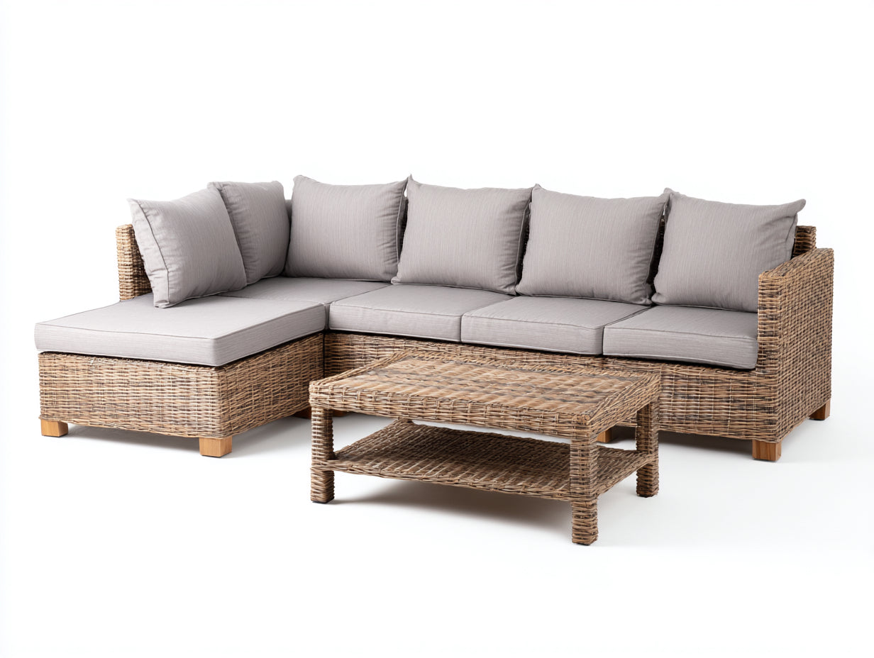 Canapé de jardin - Résine tressée-Tissu - 245x175x82 cm - Gris clair-Beige naturel - Contemporain