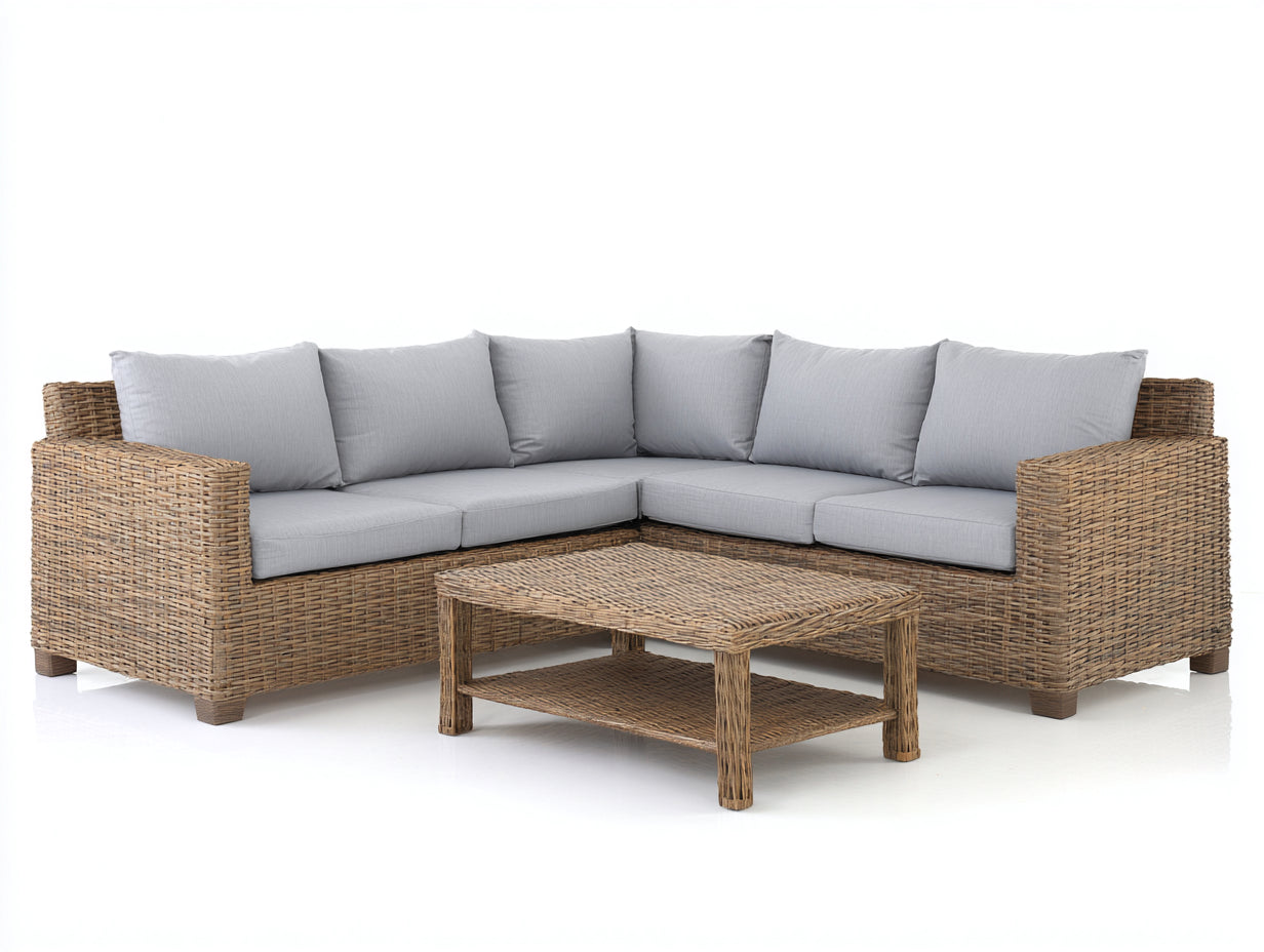 Canapé de jardin - Résine tressée-Tissu - 275x275x82 cm - Gris clair-Beige naturel - Contemporain
