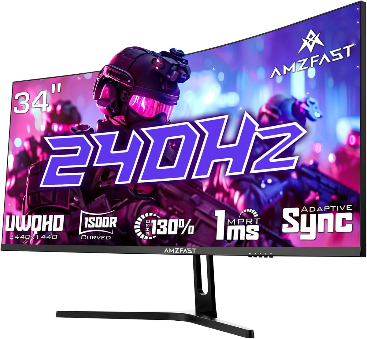 Amzfast AMZG34C5QPro écran gaming incurvé 34 pouces - UWQHD 3440 x 1440 format 21:9 - 240 Hz réponse 1 ms HDR Adaptive Sync - HDMI 2.1 DP 1.4 PIP PBP