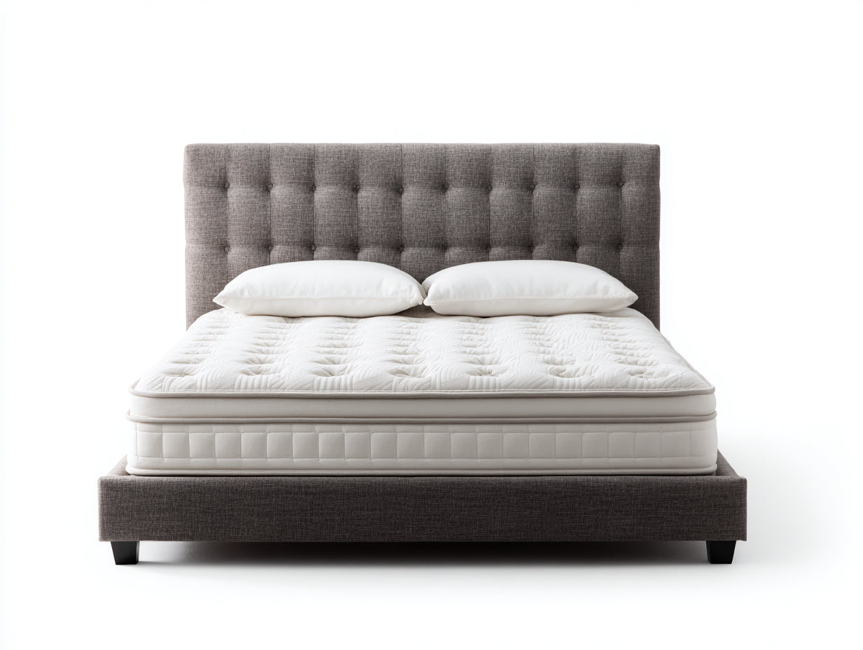 Lit double - tissu-bois - 208x168x112 cm - gris-blanc-noir - style capitonné