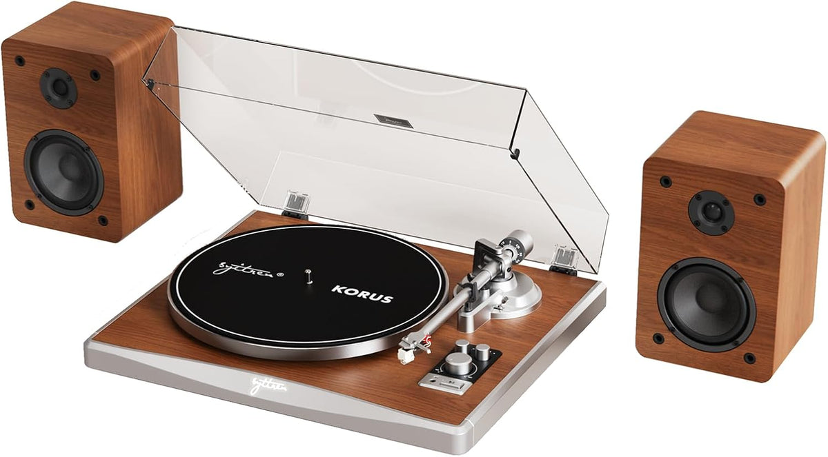 Syitren Korus SN30 Platine vinyle Bluetooth noyer - Entraînement par courroie deux vitesses - Deux haut parleurs externes et contrepoids réglable - Housse antipoussière incluse