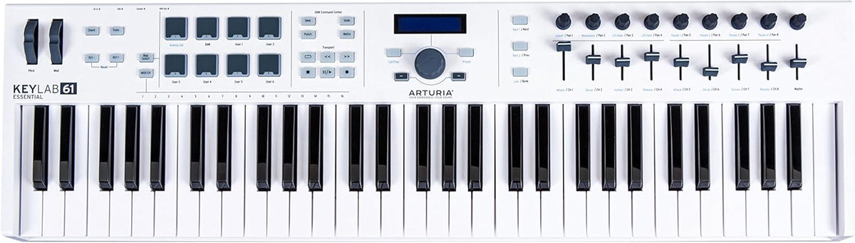 Arturia KeyLab Essential 61 clavier MIDI - 61 touches blanc et noir pour production musicale - 8 pads 8 encodeurs rotatifs 8 curseurs - USB avec logiciels inclus