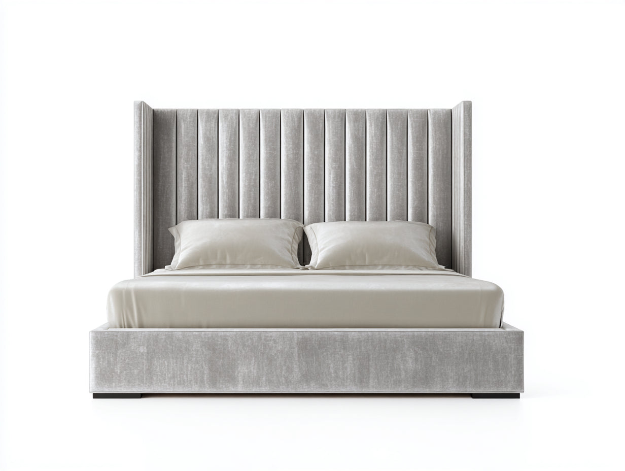 Lit double - velours-bois - 208x168x122 cm - gris clair-blanc-noir - style moderne