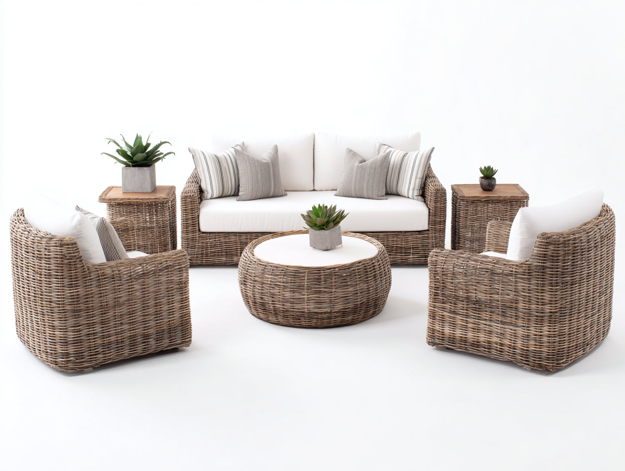 Canapé de jardin - Résine tressée-Tissu-Bois - 190x82x80 cm - Blanc-Beige naturel - Bohème