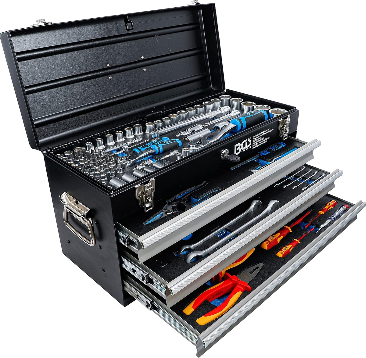 BGS 3350 - Caisse à outils métallique 3 tiroirs avec 147 outils - Structure métal finition mate - Coffret atelier 18 kg pour rangement et maintenance