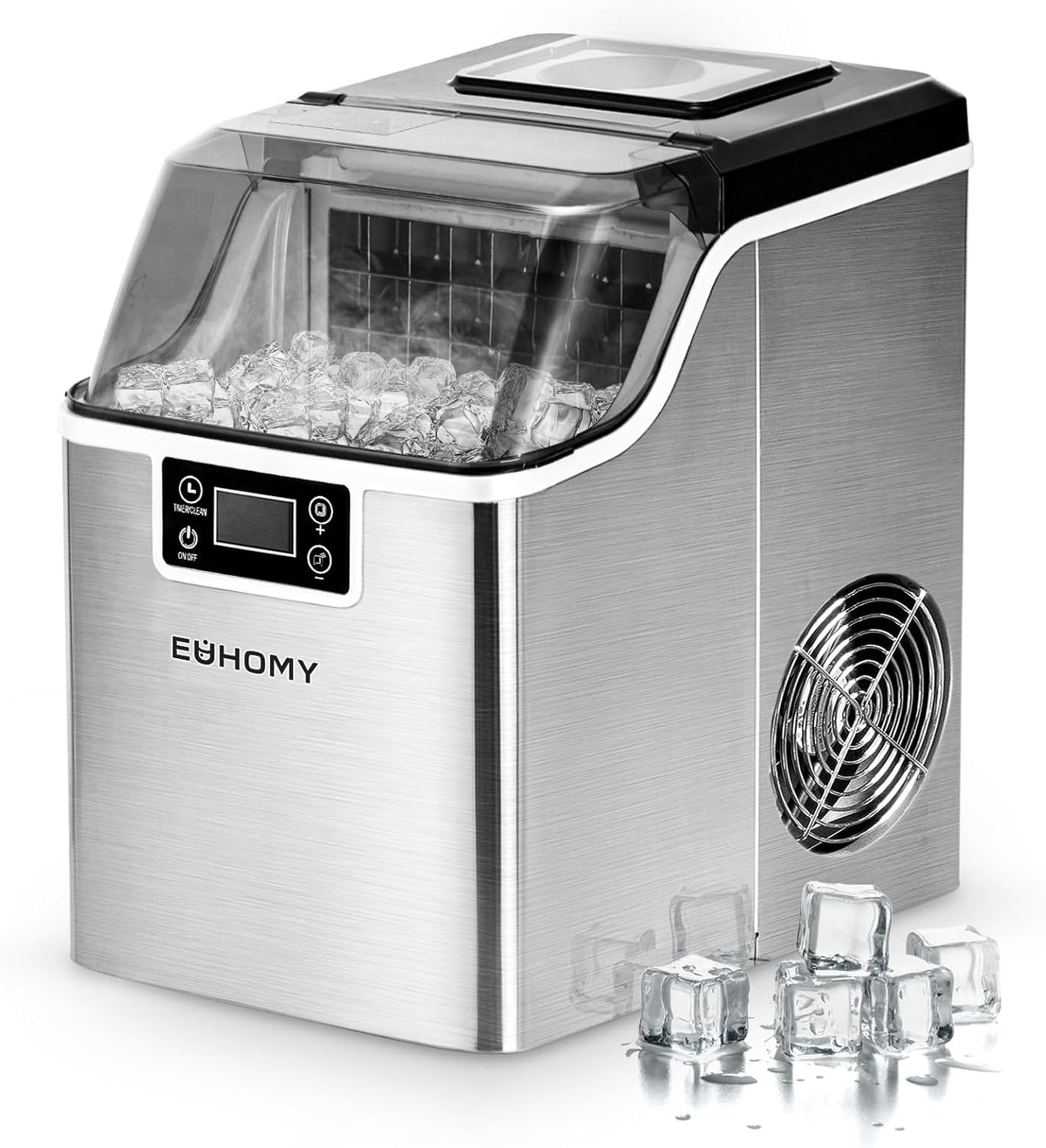 EUHOMY - Machine à glaçons en acier inoxydable 15 kg par jour - Réservoir 2 L puissance 143 W - Modèle compact 220 V avec réfrigérant R290a pour maison et bureau