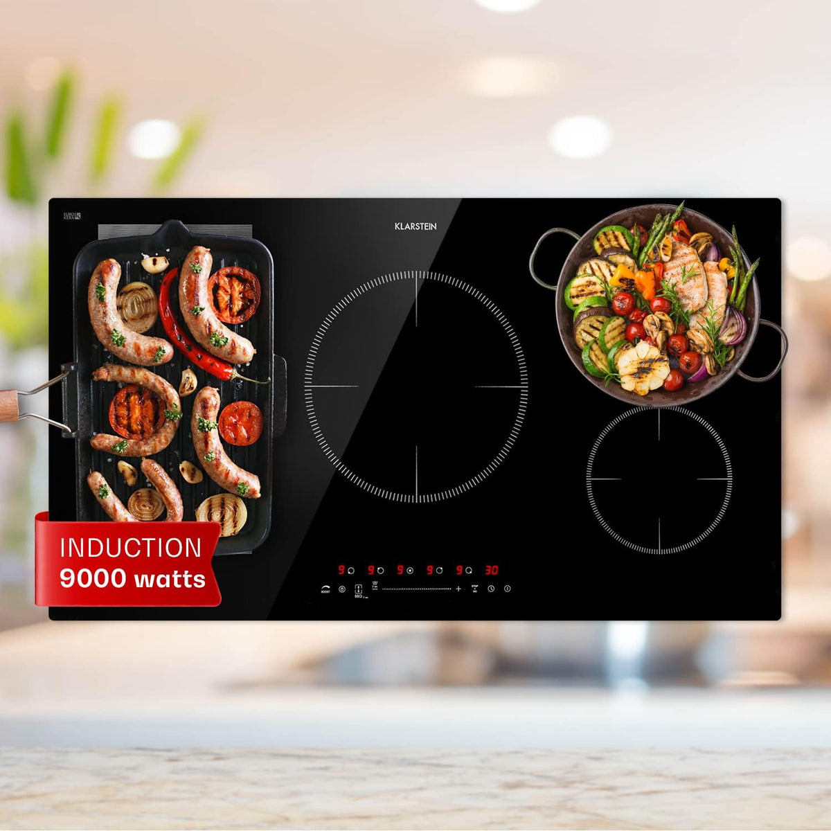 Klarstein Plaque à induction encastrable 9000 W - 5 foyers sur surface céramique noire - Commandes tactiles avec fonction Boost - Sécurité enfant pour cuisine moderne