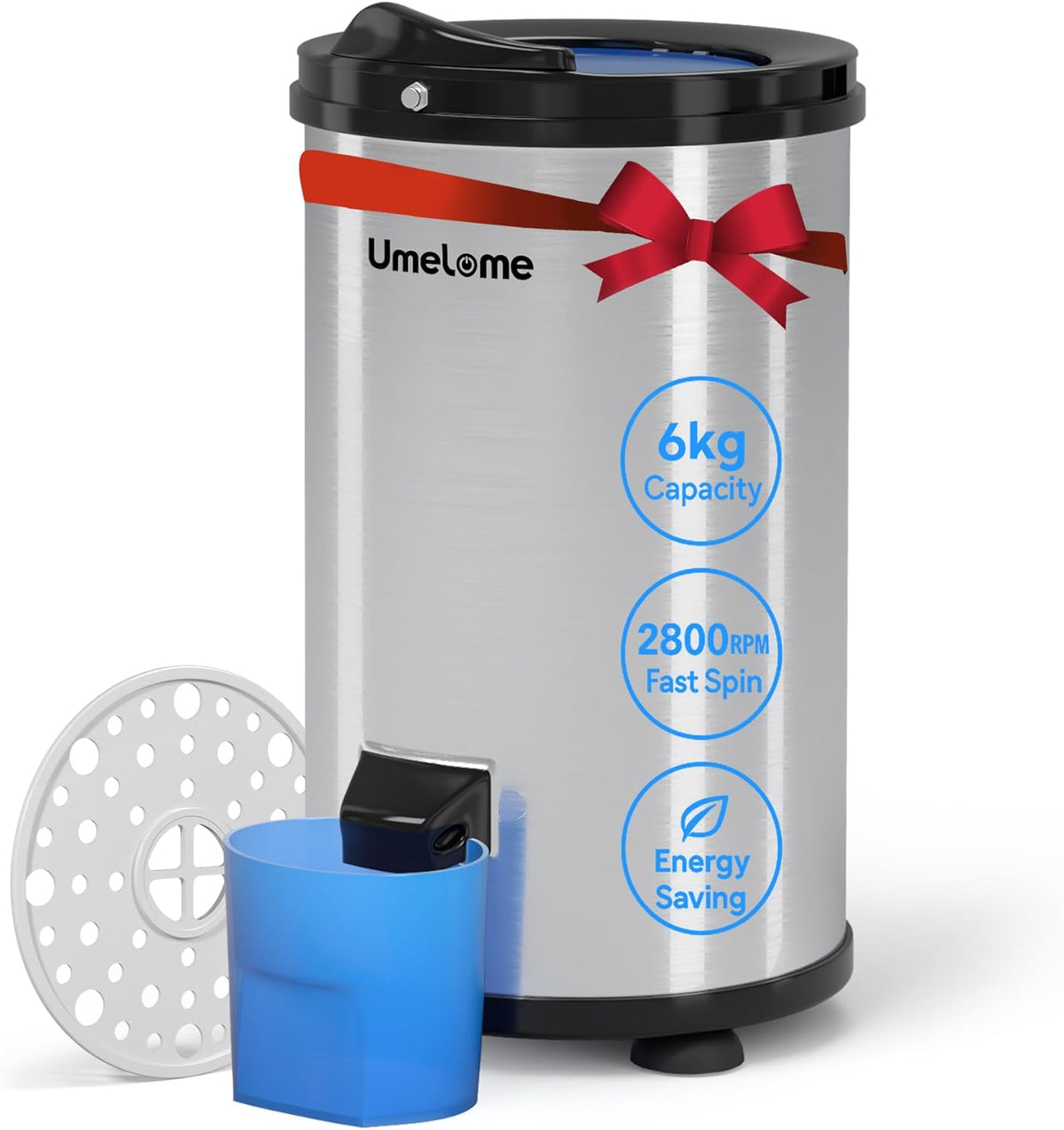 Umelome essoreuse linge 6 kg - vitesse 2800 tr min chargement par le haut - acier inoxydable argenté poids 11 kg - dimensions 35 x 35 x 65 cm pour séchage rapide