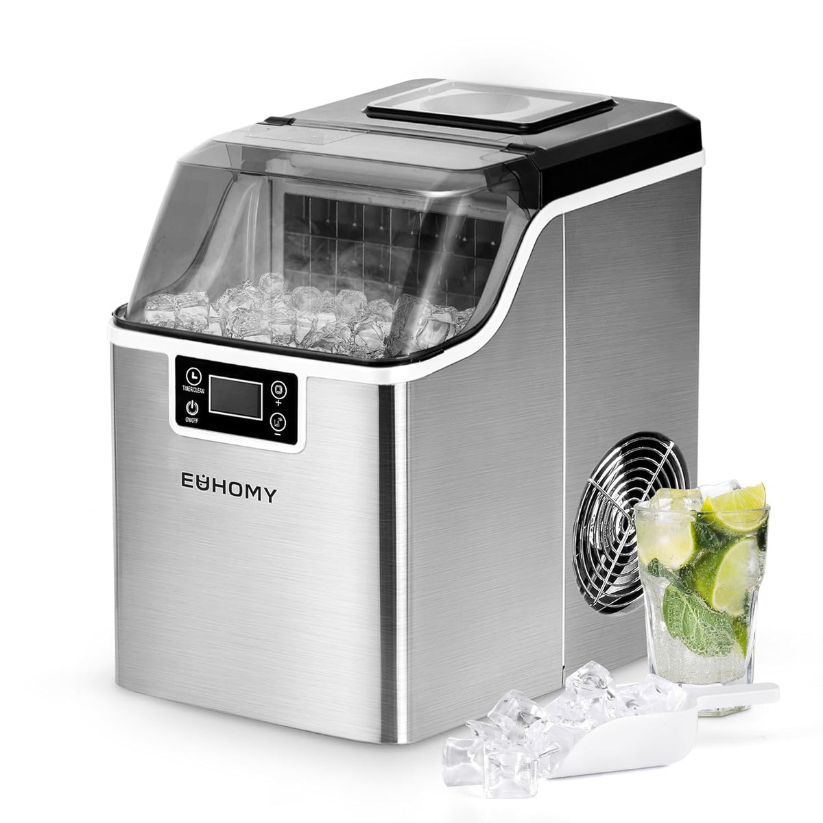 EUHOMY Machine à glaçons inox 3,2 L - 24 glaçons en 13 min et jusqu à 24 kg par 24 h - Fonction autonettoyante - Pelle à glace et panier inclus pour cuisine