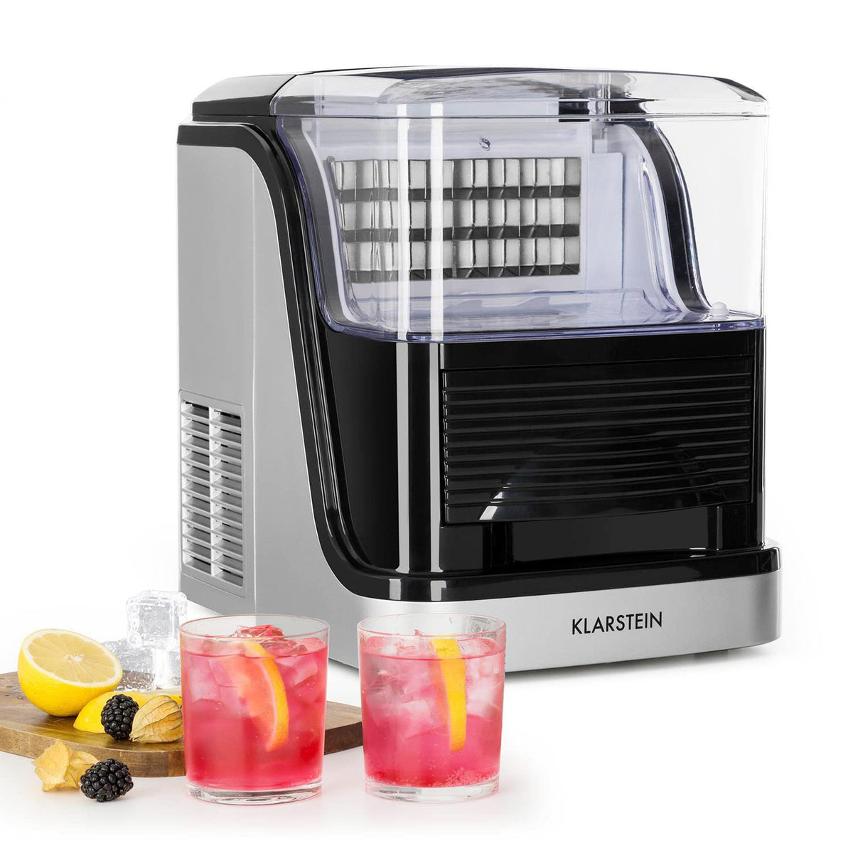 Klarstein Kristall - Machine à glaçons transparents 15 kg par jour - Réservoir amovible 2,5 L deux tailles au choix - Bac amovible acier inoxydable noir 300 W