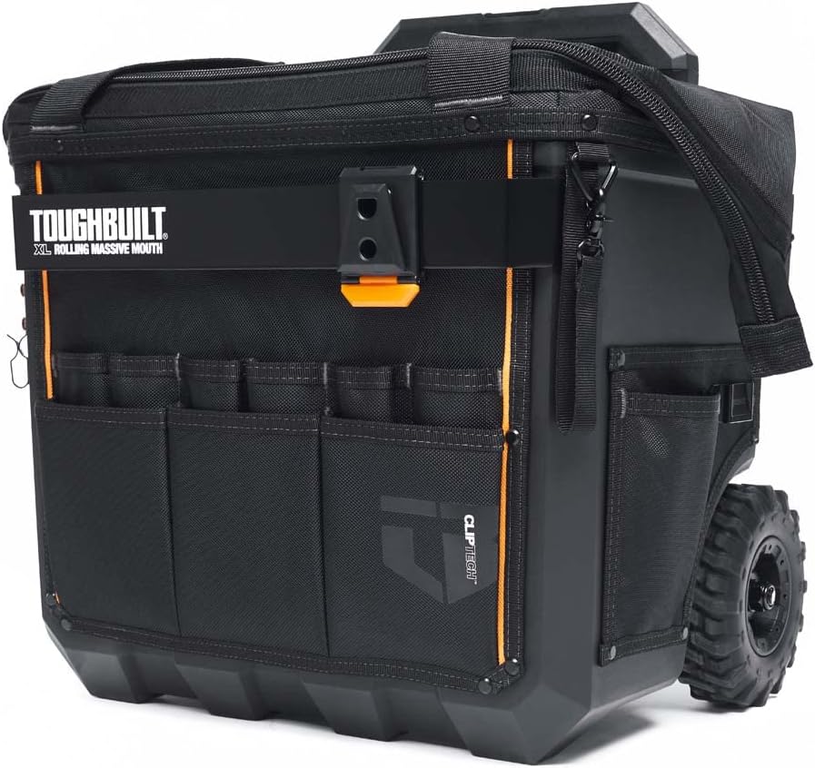ToughBuilt CT 61 18 sac à outils XL sur roulettes - Sac à bouche 450 mm en nylon - Format imperméable 60 x 40 x 25 cm - Rangement mobile noir jaune et blanc